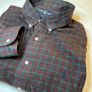 Ralph Lauren Classic Button Down Shirt Long‎ Sleeve Size XL Burgundy Plaid Pony